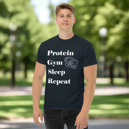 Protein, Gym, Sleep, Repeat – Fitness Tee with Kettle Bells Icon